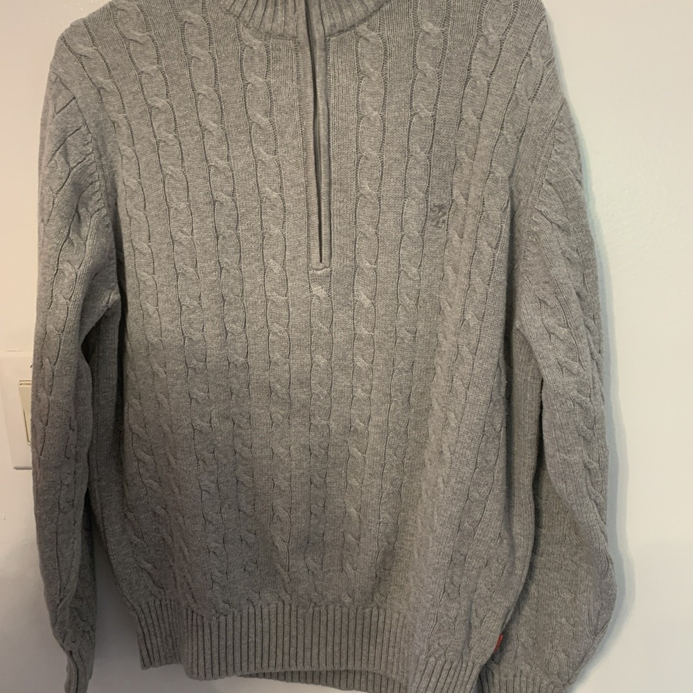 Izod Mens Gray Cable Knit 1/4 Zip Sweater Size L Cotton Pullover